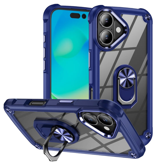 For iPhone 16 TPU + PC Lens Protection Phone Case with Ring Holder(Blue)