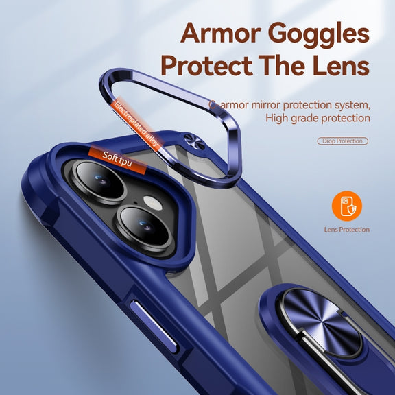 For iPhone 16 TPU + PC Lens Protection Phone Case with Ring Holder(Blue)