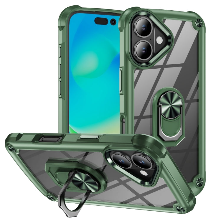 For iPhone 16 TPU + PC Lens Protection Phone Case with Ring Holder(Green)