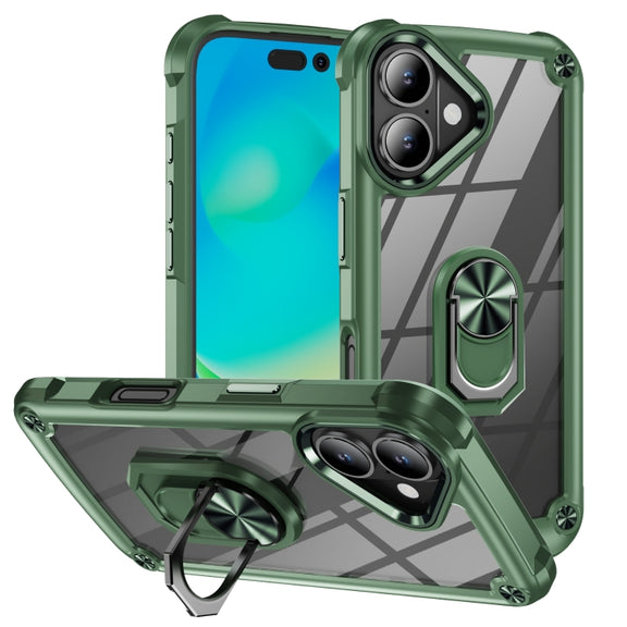 For iPhone 16 TPU + PC Lens Protection Phone Case with Ring Holder(Green)