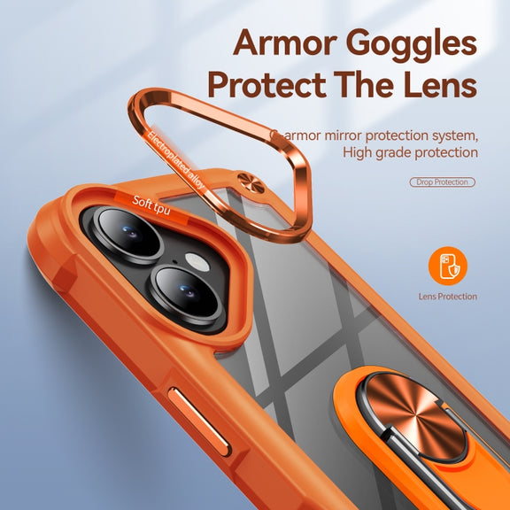 For iPhone 16 TPU + PC Lens Protection Phone Case with Ring Holder(Orange)