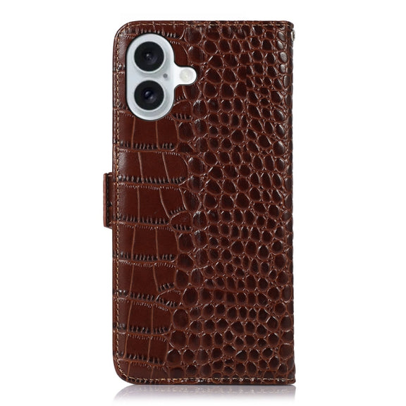 For iPhone 16 Plus Crocodile Top Layer Cowhide Leather Phone Case(Brown)