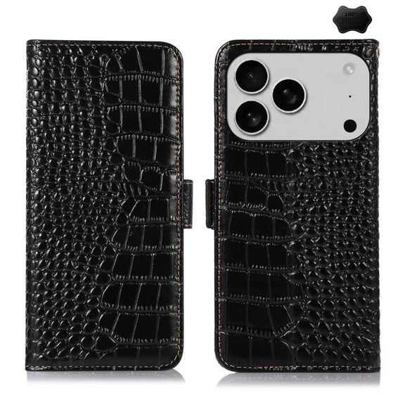 For iPhone 17 Pro Max Crocodile Top Layer Cowhide Leather Phone Case(Black)