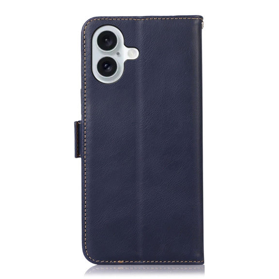 For iPhone 16 Crazy Horse Top Layer Cowhide Leather Phone Case(Blue)