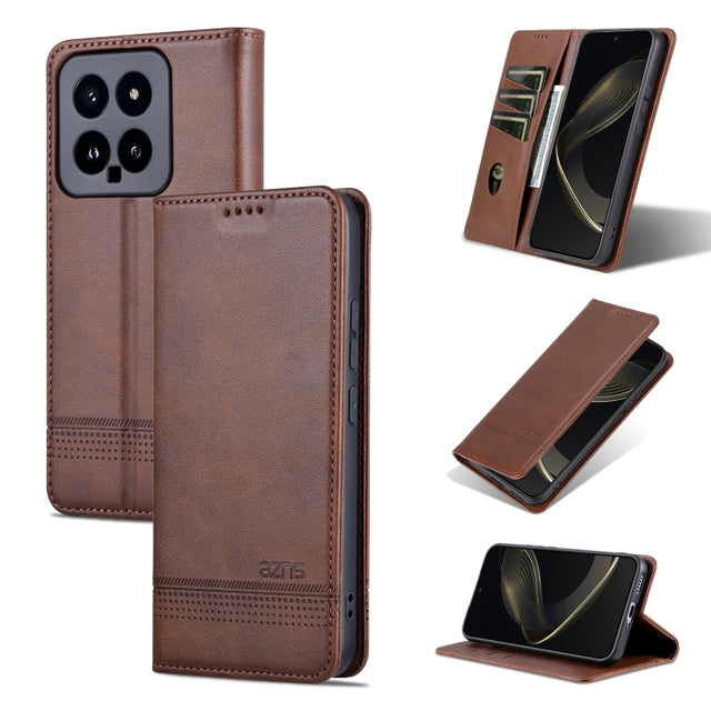 For Xiaomi 14 AZNS Magnetic Calf Texture Flip Leather Phone Case(Dark Brown)