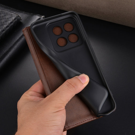 For Xiaomi 14 Pro AZNS Magnetic Calf Texture Flip Leather Phone Case(Dark Brown)