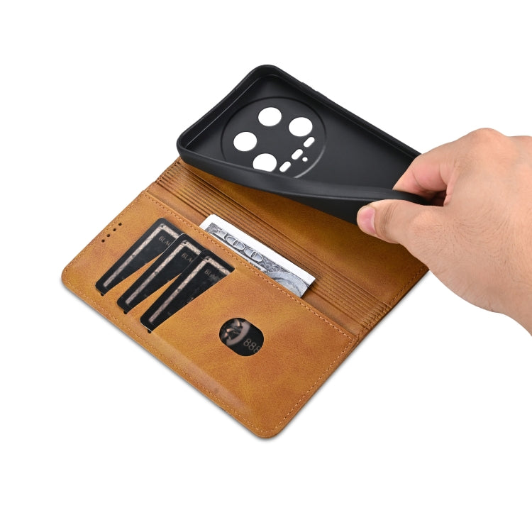 For Xiaomi 14 Ultra AZNS Magnetic Calf Texture Flip Leather Phone Case(Light Brown)