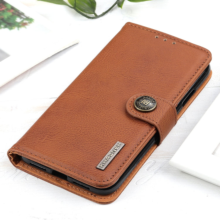 For iPhone 16 Plus KHAZNEH Cowhide Texture Horizontal Flip Leather Phone Case(Brown)