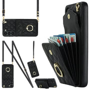 For Samsung Galaxy S24 5G Rhombic Texture Card Bag Phone Case with Long Lanyard(Black)