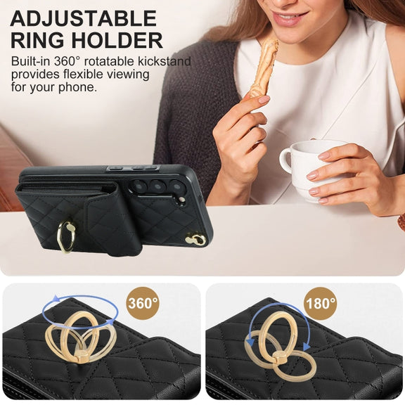 For Samsung Galaxy S24 5G Rhombic Texture Card Bag Phone Case with Long Lanyard(Black)