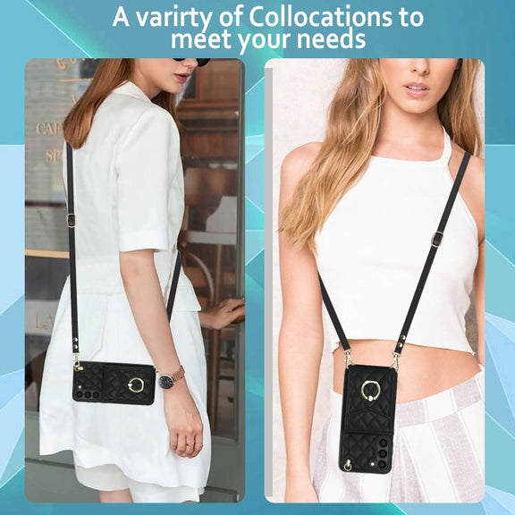 For Samsung Galaxy S24 5G Rhombic Texture Card Bag Phone Case with Long Lanyard(Black)