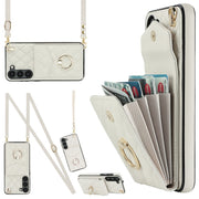 For Samsung Galaxy S24 5G Rhombic Texture Card Bag Phone Case with Long Lanyard(White)