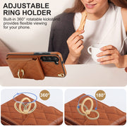 For Samsung Galaxy S24 5G Rhombic Texture Card Bag Phone Case with Long Lanyard(Brown)