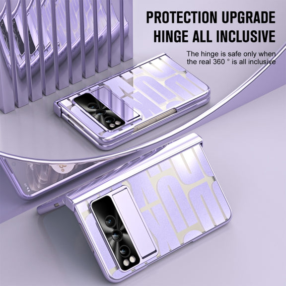 For Google Pixel Fold Integrated Electroplating Folding Phone Case with Pen Slot & Hinge(Purple)