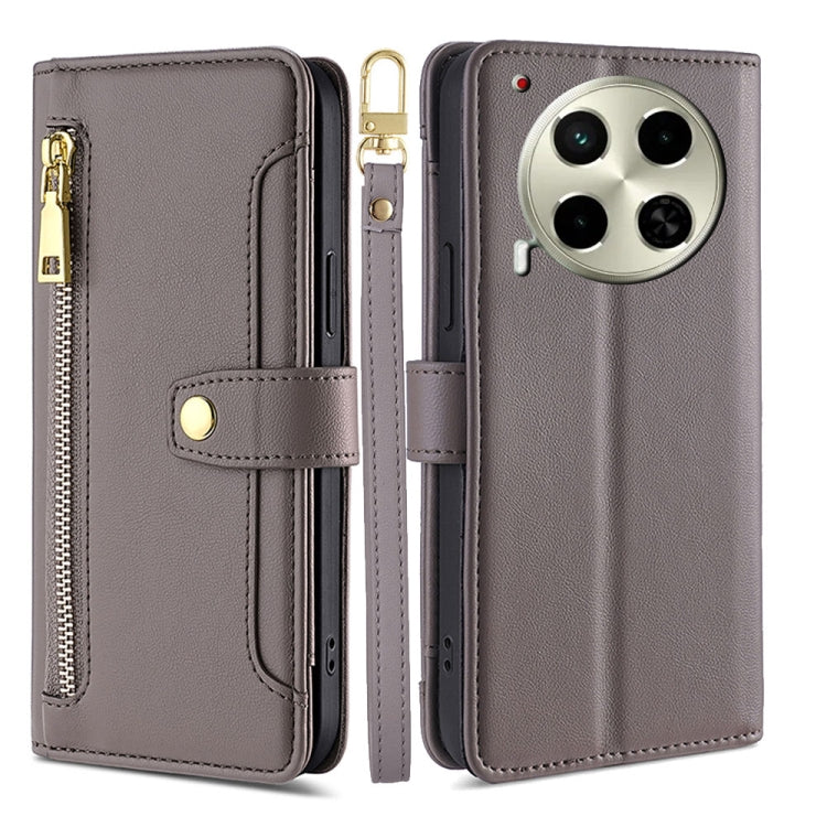 For Tecno Camon 30 Sheep Texture Cross-body Zipper Wallet Leather Phone Case(Grey)