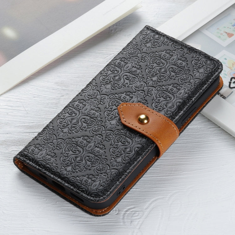 For iPhone 16 Pro European Floral Embossed Leather Phone Case(Black)