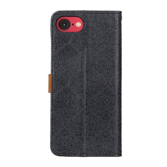 For iPhone 16e European Floral Embossed Leather Phone Case(Black)