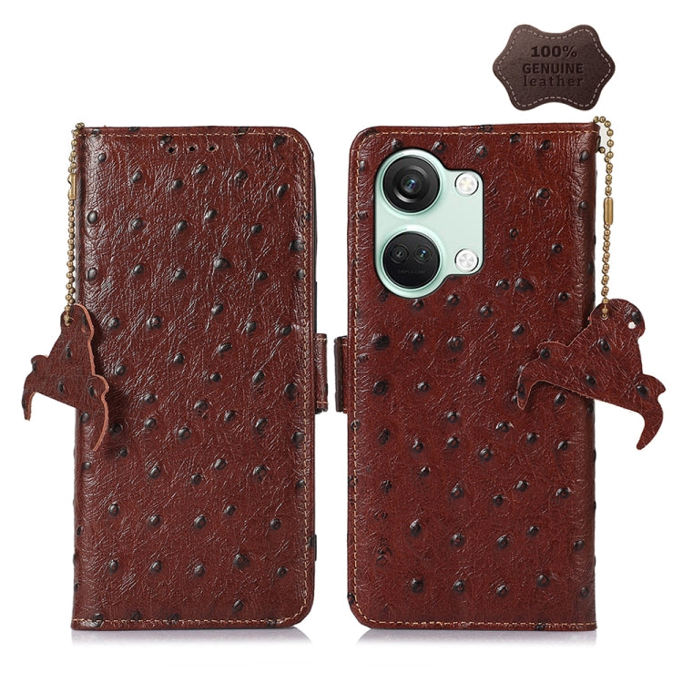 For OnePlus Nord 3 / Ace 2V Ostrich Pattern Genuine Leather RFID Phone Case(Coffee)