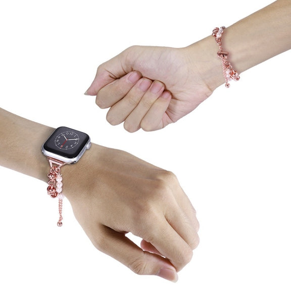 For Apple Watch 7 45mm Pearl Bracelet Metal Watch Band(Rose Gold)
