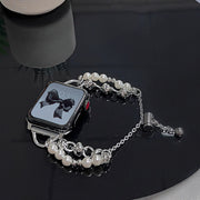 For Apple Watch 4 44mm Pearl Bracelet Metal Watch Band(Silver Black)