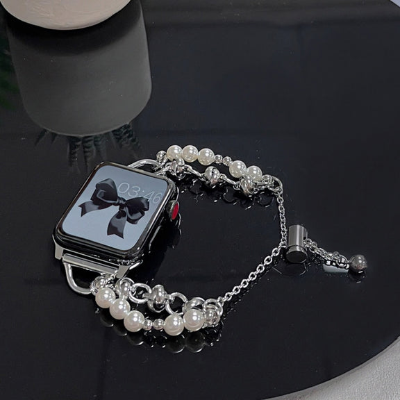 For Apple Watch 42mm Pearl Bracelet Metal Watch Band(Silver Black)