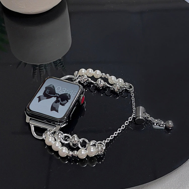 For Apple Watch 42mm Pearl Bracelet Metal Watch Band(Silver Black)