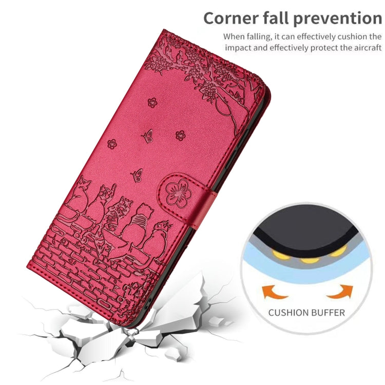 For iPhone 16e Cat Embossing Pattern Leather Phone Case with Lanyard(Red)