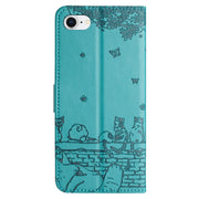 For iPhone 16e Cat Embossing Pattern Leather Phone Case with Lanyard(Blue)
