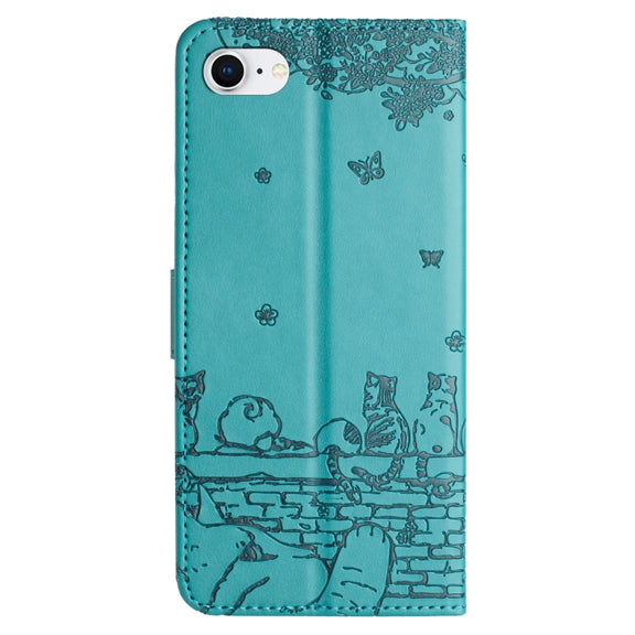 For iPhone 16e Cat Embossing Pattern Leather Phone Case with Lanyard(Blue)
