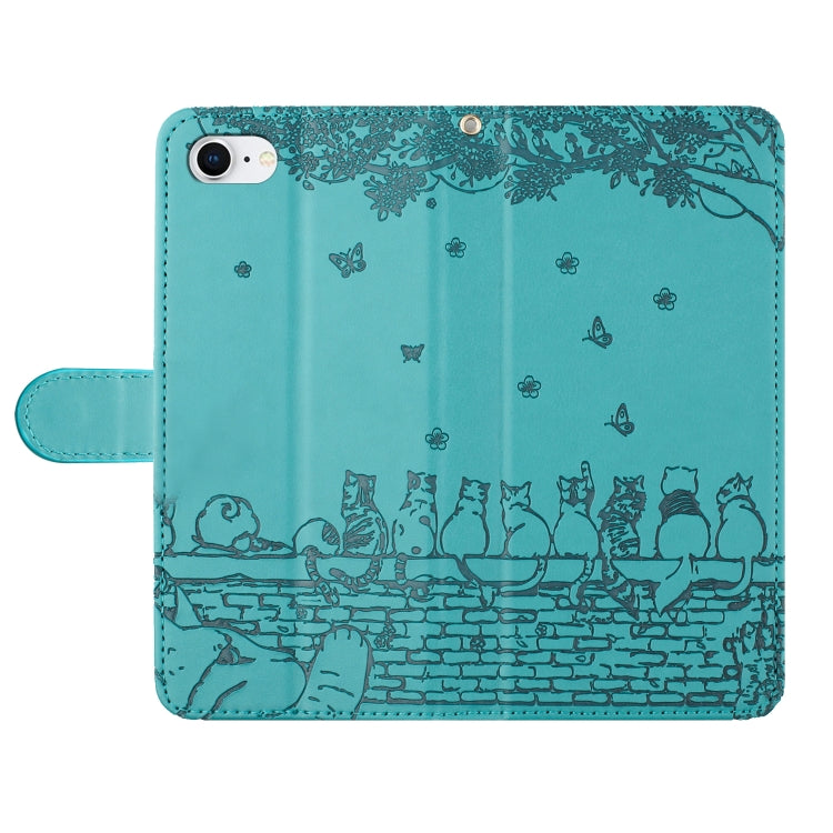 For iPhone 16e Cat Embossing Pattern Leather Phone Case with Lanyard(Blue)