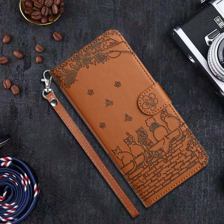 For iPhone 16e Cat Embossing Pattern Leather Phone Case with Lanyard(Brown)