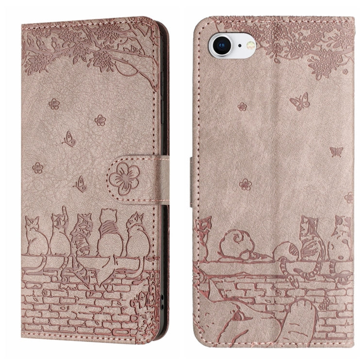 For iPhone 16e Cat Embossing Pattern Leather Phone Case with Lanyard(Grey)