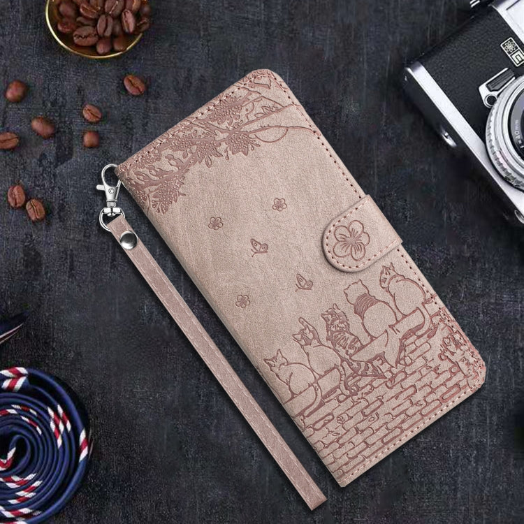 For iPhone 16e Cat Embossing Pattern Leather Phone Case with Lanyard(Grey)