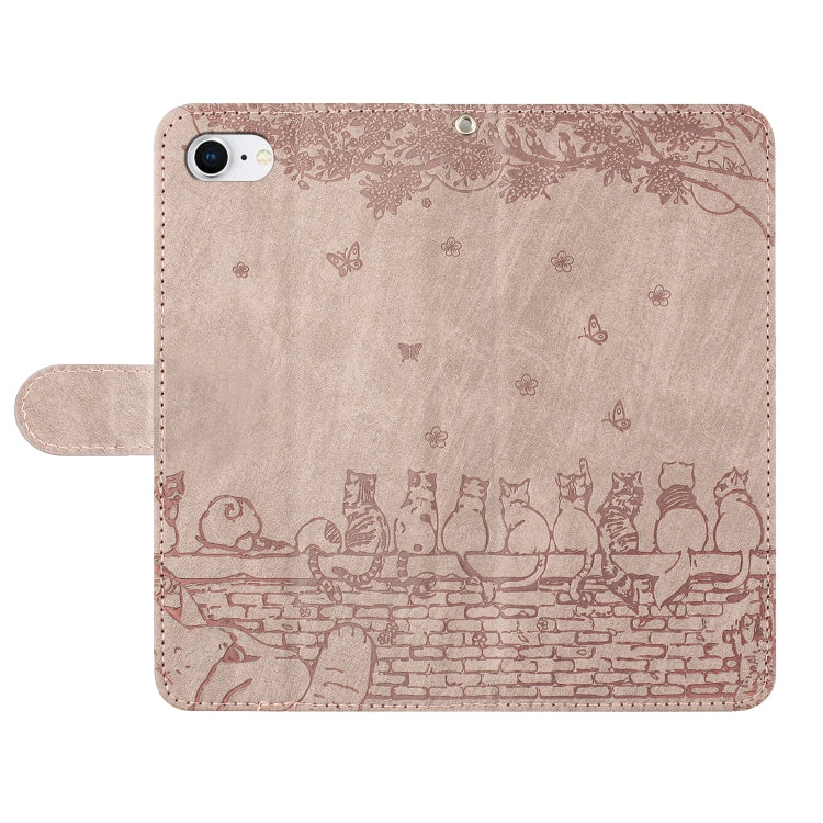 For iPhone 16e Cat Embossing Pattern Leather Phone Case with Lanyard(Grey)