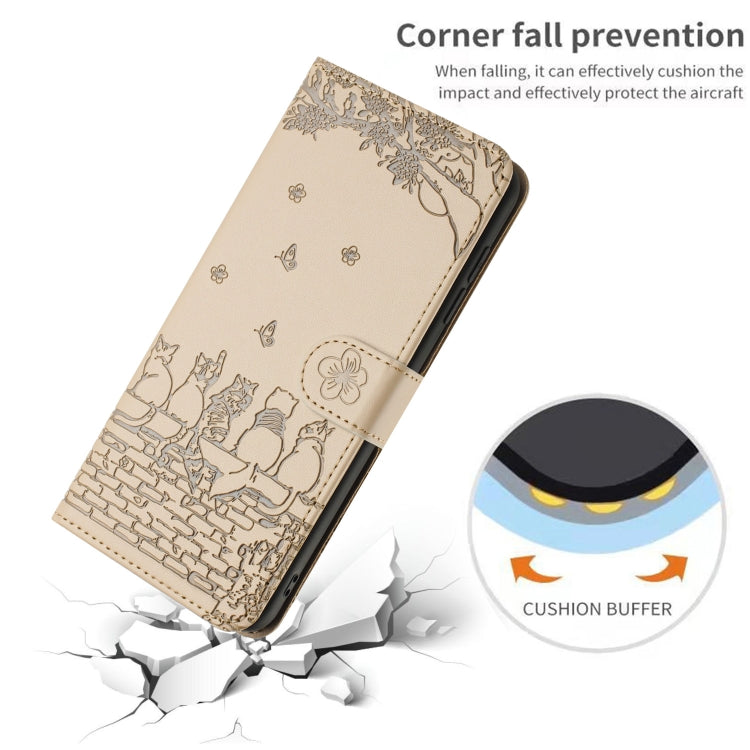 For iPhone 16e Cat Embossing Pattern Leather Phone Case with Lanyard(Beige)