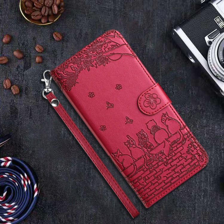 For iPhone 16 Pro Cat Embossing Pattern Leather Phone Case with Lanyard(Red)