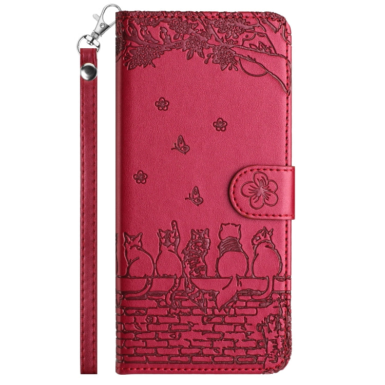 For iPhone 16 Pro Cat Embossing Pattern Leather Phone Case with Lanyard(Red)