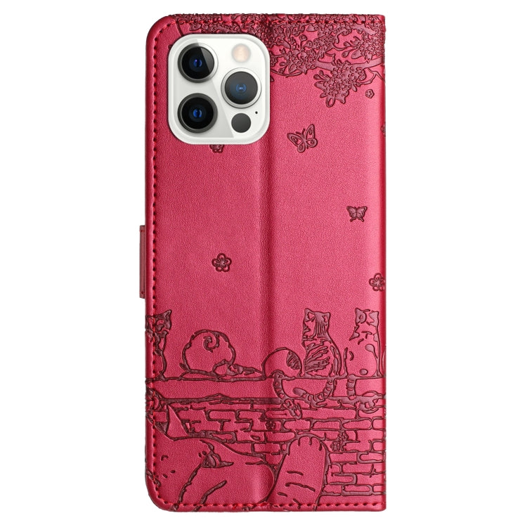 For iPhone 16 Pro Cat Embossing Pattern Leather Phone Case with Lanyard(Red)