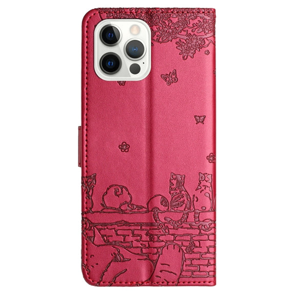 For iPhone 16 Pro Cat Embossing Pattern Leather Phone Case with Lanyard(Red)