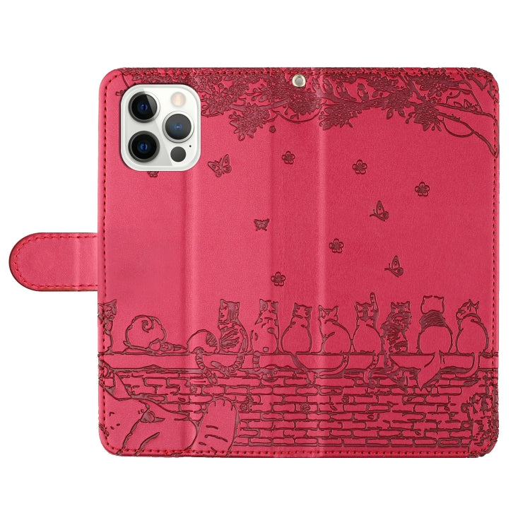 For iPhone 16 Pro Cat Embossing Pattern Leather Phone Case with Lanyard(Red)