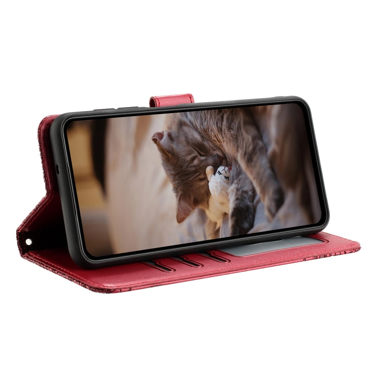 For iPhone 16 Pro Cat Embossing Pattern Leather Phone Case with Lanyard(Red)