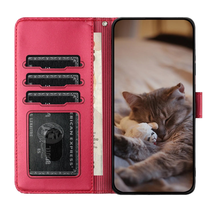 For iPhone 16 Pro Cat Embossing Pattern Leather Phone Case with Lanyard(Red)