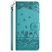 For iPhone 16 Pro Cat Embossing Pattern Leather Phone Case with Lanyard(Blue)