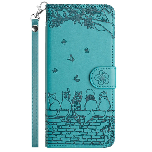 For iPhone 16 Pro Cat Embossing Pattern Leather Phone Case with Lanyard(Blue)