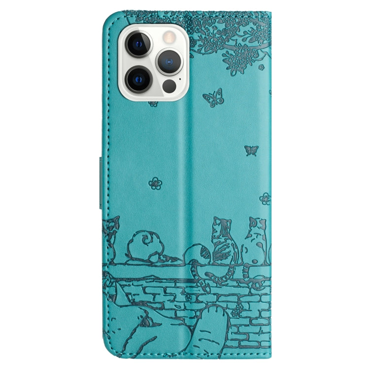 For iPhone 16 Pro Cat Embossing Pattern Leather Phone Case with Lanyard(Blue)
