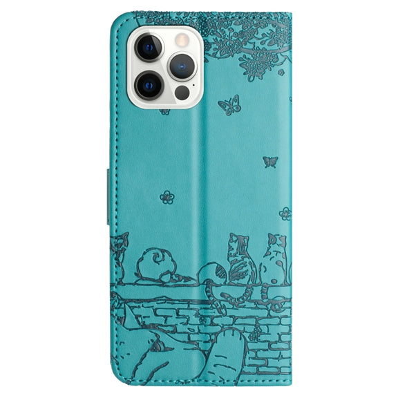 For iPhone 16 Pro Cat Embossing Pattern Leather Phone Case with Lanyard(Blue)
