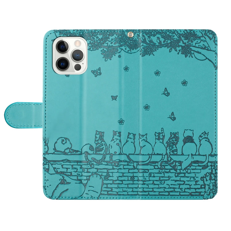 For iPhone 16 Pro Cat Embossing Pattern Leather Phone Case with Lanyard(Blue)