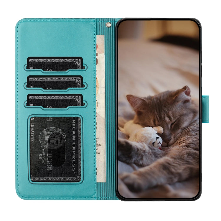 For iPhone 16 Pro Cat Embossing Pattern Leather Phone Case with Lanyard(Blue)