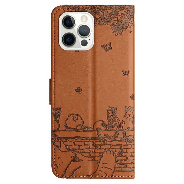 For iPhone 16 Pro Cat Embossing Pattern Leather Phone Case with Lanyard(Brown)