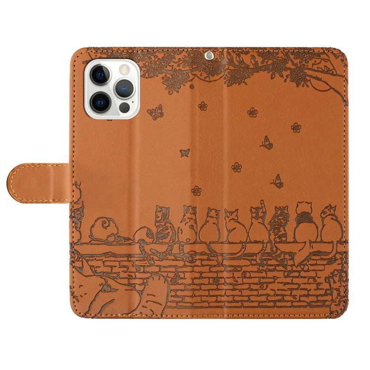 For iPhone 16 Pro Cat Embossing Pattern Leather Phone Case with Lanyard(Brown)